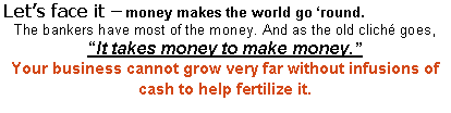 Text Box: Let�s face it � money makes the world go �round. The bankers have most of the money. And as the old clich� goes,   �It takes money to make money.�Your business cannot grow very far without infusions of cash to help fertilize it. 
